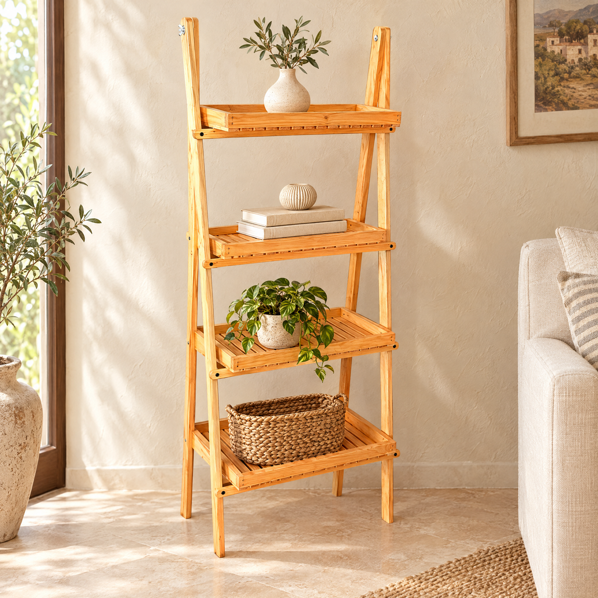 Étagère échelle pliable en bois – 4 niveaux
