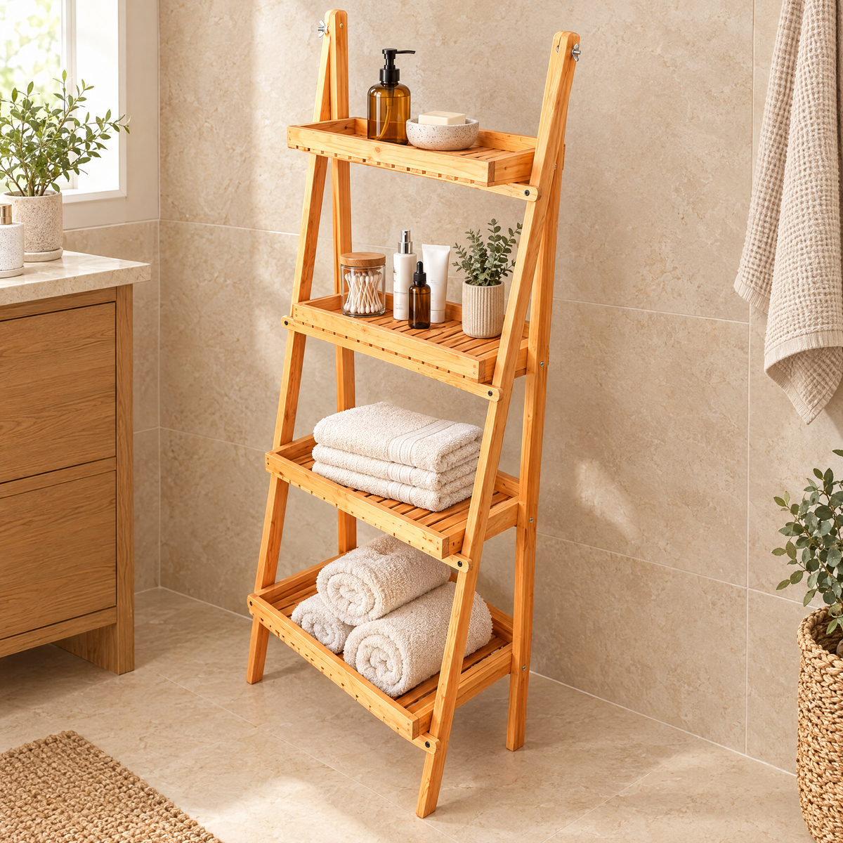 Étagère échelle pliable en bois – 4 niveaux